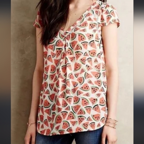 Anthropologie Tops - Anthropologie Maeve Picnic Days Watermelon Print Cap Sleeve Blouse Size 0